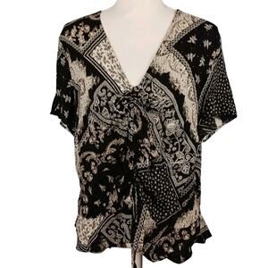 H&M Patchwork Top Womens 12 Black Short Sleeve V-Neck Ruched EUC